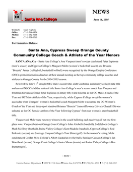 Santa Ana, Cypress Sweep Orange County Community College Coach & Athlete of the Year Honors