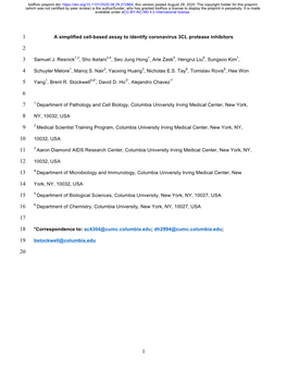 A Simplified Cell-Based Assay to Identify Coronavirus 3CL Protease Inhibitors