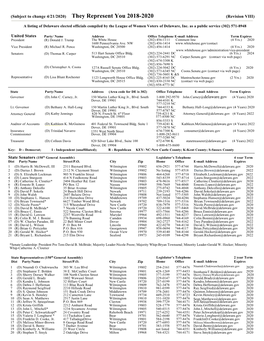 A Listing of Delaware Elected Officials Compiled by the League of Women Voters of Delaware, Inc