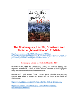 The Châteauguay, Lacolle, Ormstown and Plattsburgh Hostilities of 1812