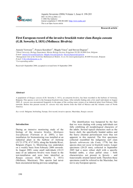 First European Record of the Invasive Brackish Water Clam Rangia Cuneata (G.B