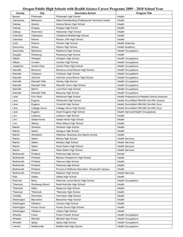 Oregon Public High Schools with Health Science Career Programs 2009 – 2010 School Year