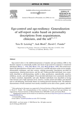 Ego-Control and Ego-Resiliency: Generalization of Self-Report Scales Based on Personality Descriptions from Acquaintances, Clinicians, and the Selfq,Qq