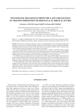 Titanosaur Trackways from the Late Cretaceous El Molino Formation of Bolivia (Cal Orck’O, Sucre)