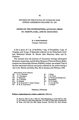 CURAÇAO Martin, Saba, and St. VESPIDAE, Polistinae (Olivier