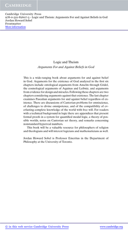 Logic and Theism: Arguments for and Against Beliefs in God Jordan Howard Sobel Frontmatter More Information