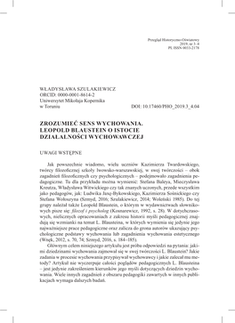 Zrozumieć Sens Wychowania. Leopold Blaustein O Istocie Działalności Wychowawczej