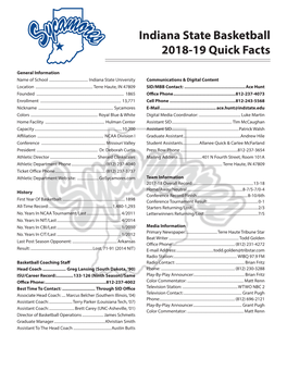 Indiana State Basketball 2018-19 Quick Facts