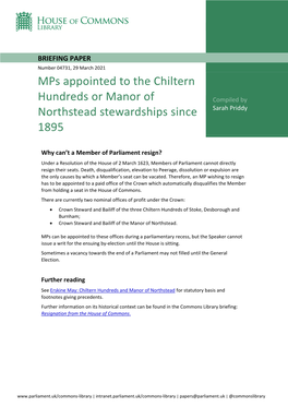 Mps Appointed to the Chiltern Hundreds Or Manor of Northstead Stewardships from 1880 Date Appointed* Member Office Party Constituency