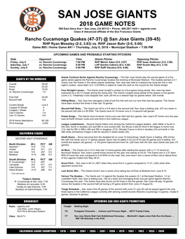 2018 GAME NOTES 588 East Alma Ave Ÿ San Jose, CA 95112 Ÿ Phone: 408-297-1435 Ÿ Sjgiants.Com Class a Advanced Affiliate of the San Francisco Giants