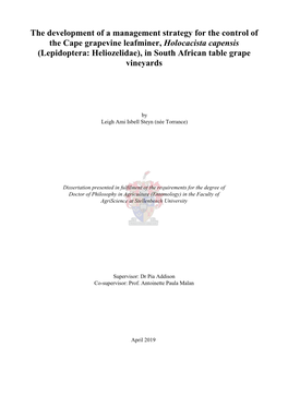 The Development of a Management Strategy for the Control of the Cape Grapevine Leafminer, Holocacista Capensis (Lepidoptera