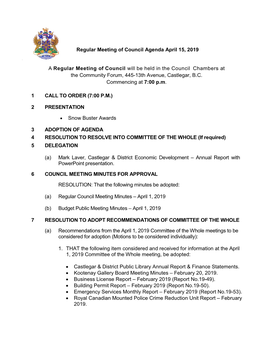 Regular Meeting of Council Agenda April 15, 2019 a Regular Meeting Of