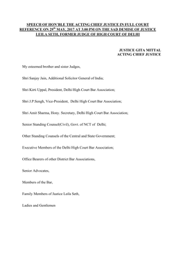 Speech of Hon'ble the Acting Chief Justice in Full Court Reference on 29 May, 2017 at 3.00 Pm on the Sad Demise of Justice