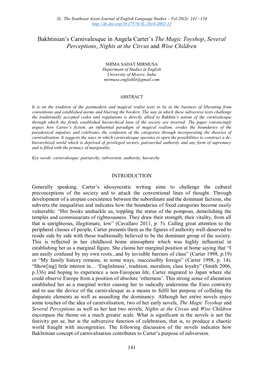 Bakhtinian‟S Carnivalesque in Angela Carter‟S the Magic Toyshop, Several Perceptions, Nights at the Circus and Wise Children