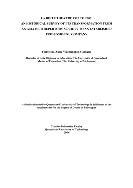 La Boite Theatre 1925 to 2003: an Historical Survey of Its Transformation from an Amateur Repertory Society to an Established Professional Company