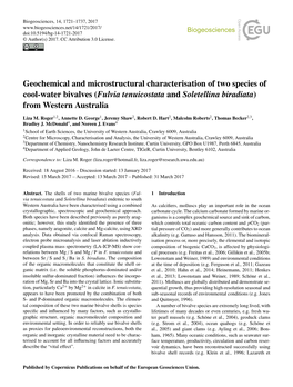 Geochemical and Microstructural Characterisation of Two Species of Cool-Water Bivalves (Fulvia Tenuicostata and Soletellina Biradiata) from Western Australia