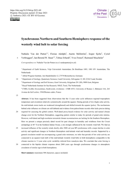 Synchronous Northern and Southern Hemisphere Response of the Westerly Wind Belt to Solar Forcing