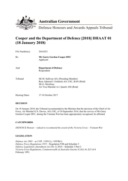 Cooper and the Department of Defence [2018] DHAAT 01 (18 January 2018)