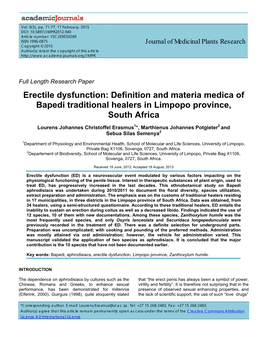 Erectile Dysfunction: Definition and Materia Medica of Bapedi Traditional Healers in Limpopo Province, South Africa