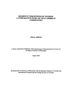 Residents' Perceptions of Tourism: a Comparative Study of Two Caribbean Communities