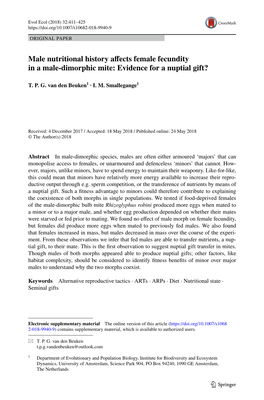 Male Nutritional History Affects Female Fecundity in a Male-Dimorphic Mite