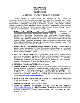 EASTERN RAILWAY HOWRAH DIVISION TENDER NOTICE No