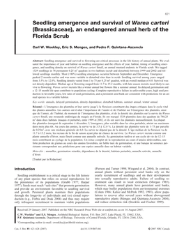 Seedling Emergence and Survival of Warea Carteri (Brassicaceae), an Endangered Annual Herb of the Florida Scrub