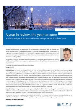 A Year in Review, the Year to Come Analysis and Predictions from FTI Consulting’S UK Public Affairs Team