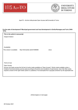 For the Sake of Development? Municipal Government and Local Development in Emilia-Romagna and Turin (1945- 1975)