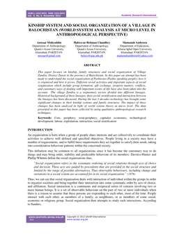 Kinship System and Social Organization of a Village in Balochistan (World System Analysis at Micro Level in Anthropological Perspective)