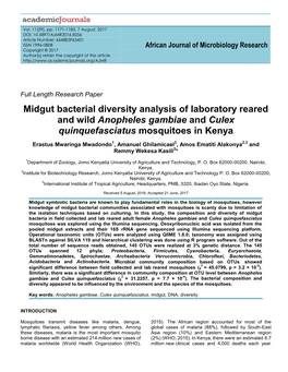 Midgut Bacterial Diversity Analysis of Laboratory Reared and Wild Anopheles Gambiae and Culex Quinquefasciatus Mosquitoes in Kenya