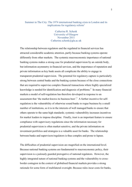 The 1974 International Banking Crisis in London and Its Implications for Regulatory Reform 1