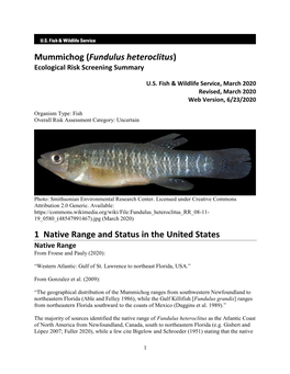 Fundulus Heteroclitus) Ecological Risk Screening Summary