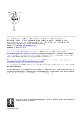 First Early Cretaceous Mammal from the Eastern Seaboard of the United States Author(S): Richard L