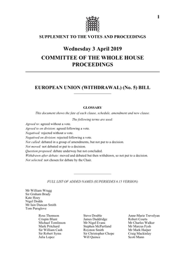 Wednesday 3 April 2019 COMMITTEE of the WHOLE HOUSE PROCEEDINGS