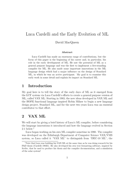 Luca Cardelli and the Early Evolution of ML