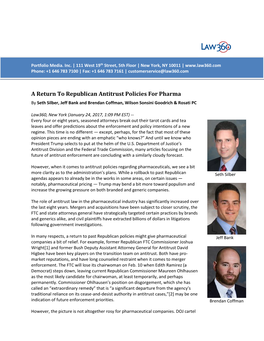 A Return to Republican Antitrust Policies for Pharma by Seth Silber, Jeff Bank and Brendan Coffman, Wilson Sonsini Goodrich & Rosati PC