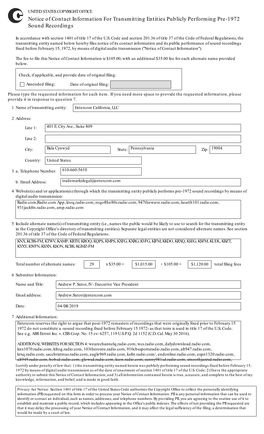 Notice of Contact Information for Transmitting Entities Publicly Performing Pre-1972 Sound Recordings