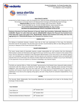 SESA STERLITE LIMITED Incorporated As Public Company Under the Companies Act, 1956 and Validly Subsisting Under the Companies Act, 2013