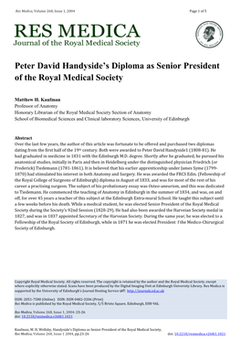 Peter David Handyside's Diploma As Senior President of the Royal Medical Society