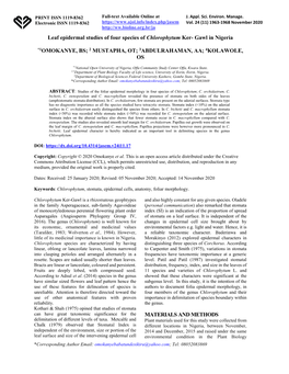 Leaf Epidermal Studies of Four Species of Chlorophytum Ker- Gawl in Nigeria