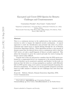 Encrypted and Covert DNS Queries for Botnets: Challenges and Countermeasures