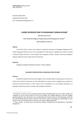 A Brief Introduction to Khorasani Turkish in Iran1