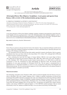 (Diptera: Syrphidae). a New Genus and Species from Kenya, with a Review of the Melanostomine Group of Genera