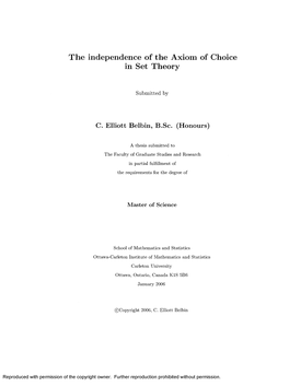 The Independence of the Axiom of Choice in Set Theory