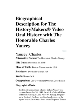 Biographical Description for the Historymakers® Video Oral History with the Honorable Charles Yancey