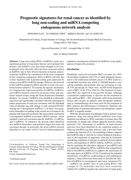 Prognostic Signatures for Renal Cancer As Identified by Long Non-Coding and Mirna Competing Endogenous Network Analysis