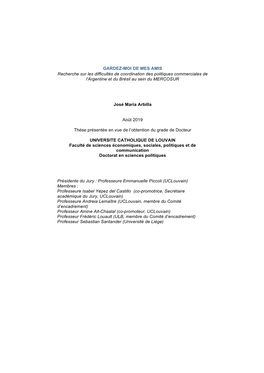 GARDEZ-MOI DE MES AMIS Recherche Sur Les Difficultés De Coordination Des Politiques Commerciales De L'argentine Et Du Brésil Au Sein Du MERCOSUR