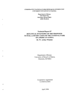 Technical Report 87 BOTANICAL INVENTORY of the PROPOSED TUTUILA and OFU UNITS of the NATIONAL PARK of AMERICAN SAMOA Dr