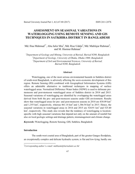 Assessment on Seasonal Variations in Waterlogging Using Remote Sensing and Gis Techniques in Satkhira District in Bangladesh